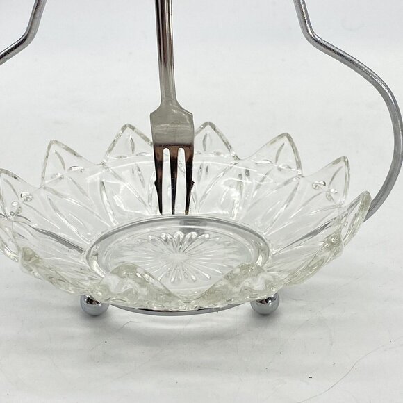 Vtg Seafood Server Glass Dish Scallop Edges Stainless Fork Handle Relish Dish - Picture 2 of 13